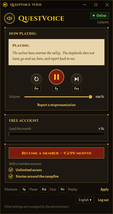 QuestVoice window showing the quest being read aloud, with pause, replay and skip buttons