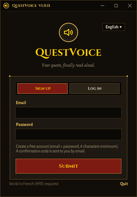 QuestVoice free account screen with Sign up and Log in tabs