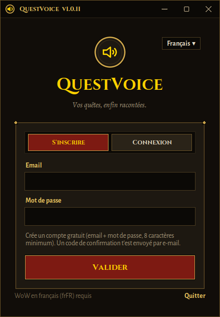 Écran de création de compte gratuit de QuestVoice avec onglets S'inscrire et Connexion