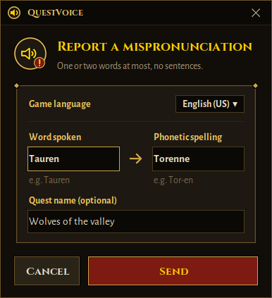 Window to report a mispronunciation: word spoken, phonetic spelling, quest name