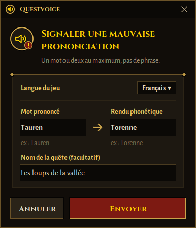 Fenêtre pour signaler une mauvaise prononciation : mot prononcé, rendu phonétique, nom de la quête